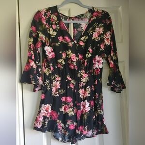 Floral Black Romper with Pink and Green Accents
